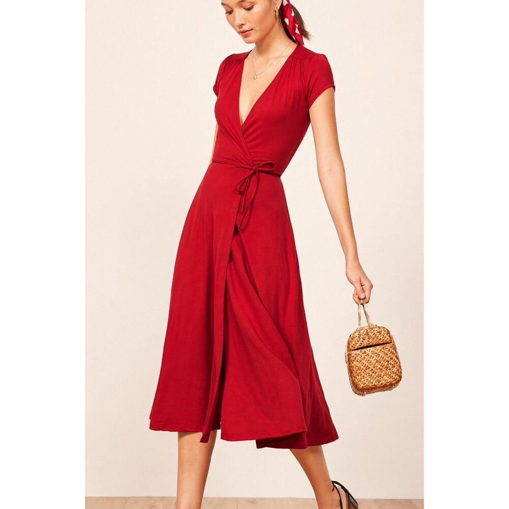 Reformation Womens Becca Midi Dress Red Wrap Dress Cap Sleeve Romantic Summer